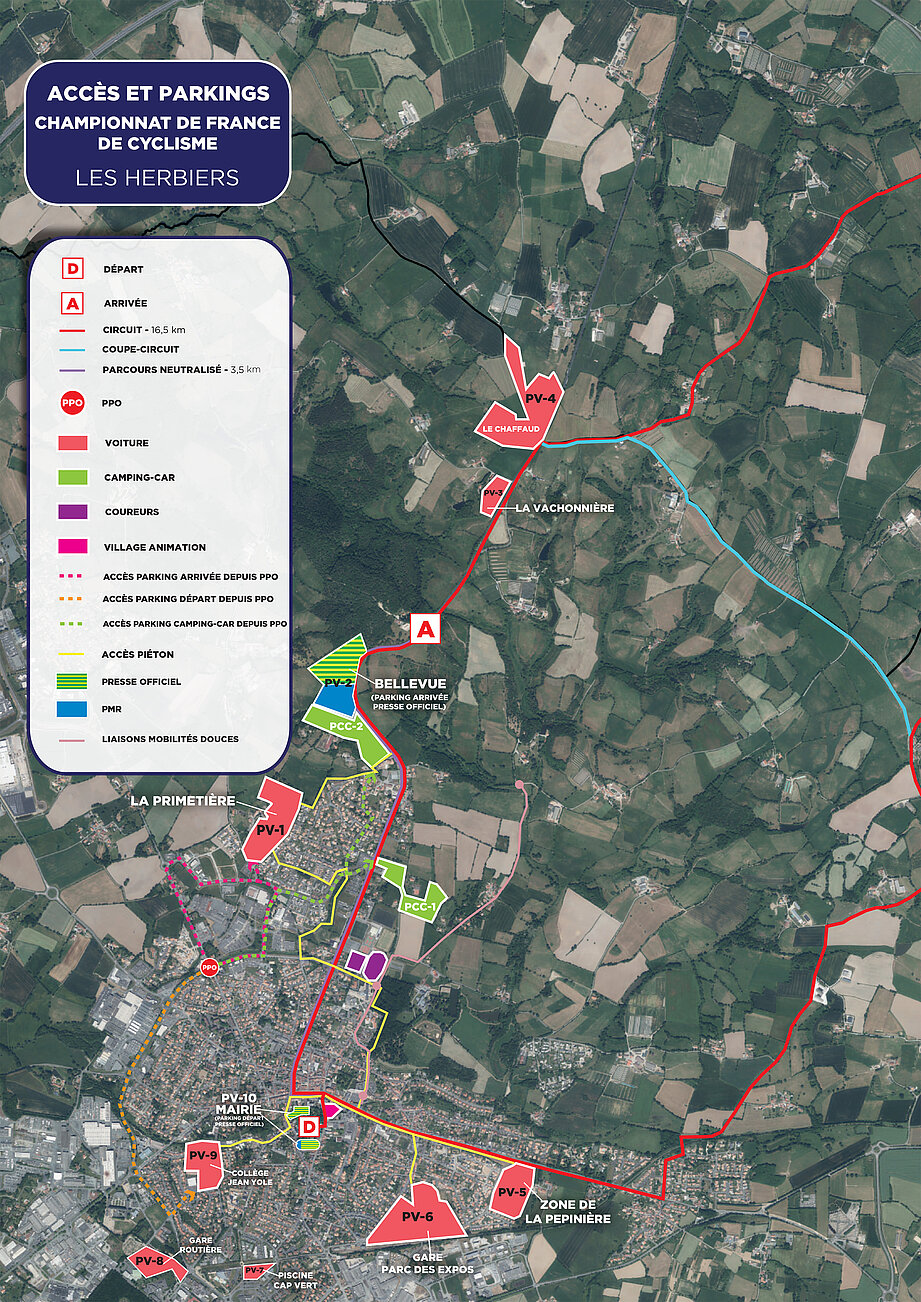 Carte des stationnements et parkings lors des Championnats de France de cyclisme sur route 2025 aux Herbiers