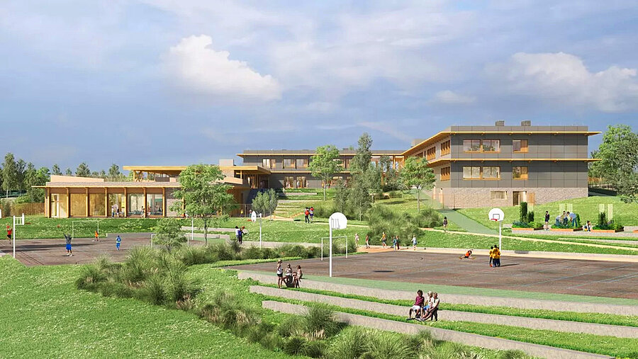 Visuel de la façade arrière du futur collège à Talmont-Saint-Hilaire, par le cabinet d'architecte en charge du projet, AER. Visuel de la façade arrière du futur collège à Talmont-Saint-Hilaire, par le cabinet d'architecte en charge du projet, AER.