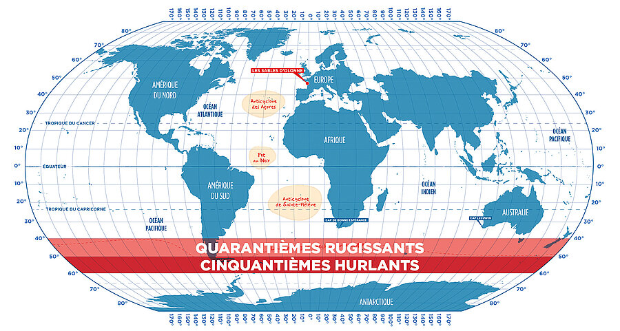 Carte des 40e rugissants et 50e hurlants sur le globe Carte montrant les latitudes des 40e rugissants et 50e hurlants au sud du globe