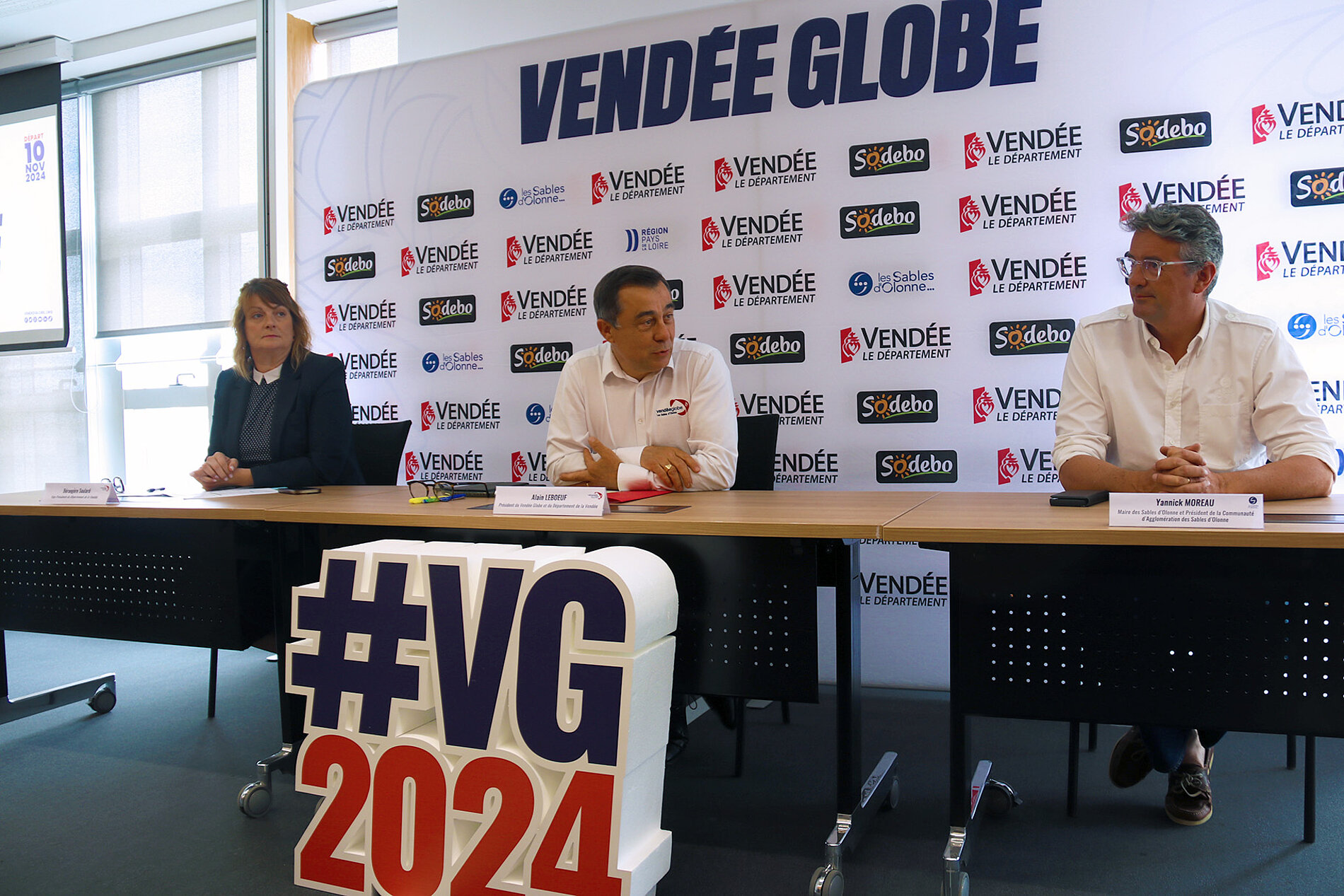 Bérangère Soulard, présidente de la commission Sport au Département de la Vendée, Alain Leboeuf, président de la Saem Vendée et Yannick Moreau, maire des Sables-d'Olonne