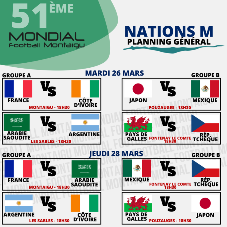 Matchs du Mondial Football Montaigu 2024, Nations Hommes - Mardi 26 mars, Groupe A : France contre Côte d'Ivoire, 18h30 (Montaigu); Arabie Saoudite contre Argentine, 18h30 (Les Sables). Groupe B : Japon contre Mexique, 18h30 (Pouzauges); Pays de Galles contre République Tchèque, 18h30 (Fontenay-le-Comte) - Jeudi 28 mars, Groupe A : France contre Arabie Saoudite, 18h30 (Montaigu) ; Argentine contre Côte d'Ivoire, 18h30 (Les Sales). Groupe B : Mexique contre République Tchèque, 18h30 (Fontenay-le-Comte) ; Pays de Galles contre Japon, 18h30 (Pouzauges).